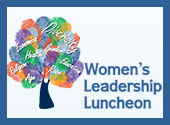 The 2020 Women's Leadership Luncheon image is of a tree with colorful finger prints and words such as Diversity, gender, education, health and education. 