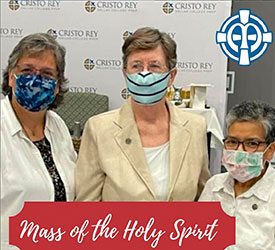 Sisters Bridget Waldorf; Mary Anne Owens and Maria Gomez at Cristo Rey Dallas College Prep for a welcome back to school night. This image was shared on the Vocations Instagram. 