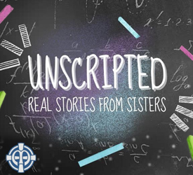 This image is with a chalkboard, flying color chalk, an SSND logo and the words Unscripted: real stories from sisters. This is a photo of the intro video used in our social media vignettes. Created using Canva