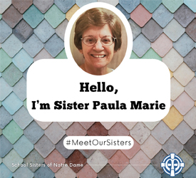 Meet S. Paula Marie Blouin who was featured in the new article series MeetOurSister. This image is of S. Paula Marie and multi color tiles with her name. 