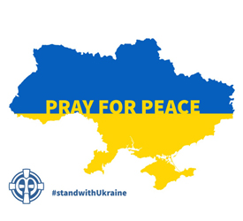 The School Sisters of Notre Dame pray for Ukraine. This image was created in solidarity, which features the shape of the country of Ukraine with the words Pray for Peace.