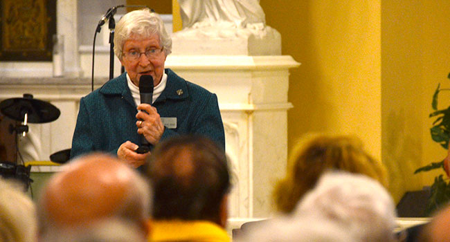 Sister Carol Marie Wildt, giving a presentation on 