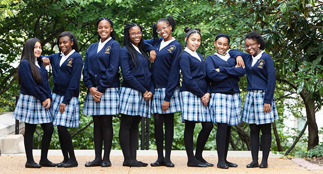Students from Marian Middle School in St. Louis, pose for a photo. 