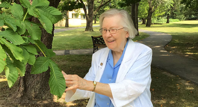 Sister Mariel Kreuziger is in a photo with trees found at the Notre Dame of Elm Grove, Elm Grove, Wisconsin, campus.