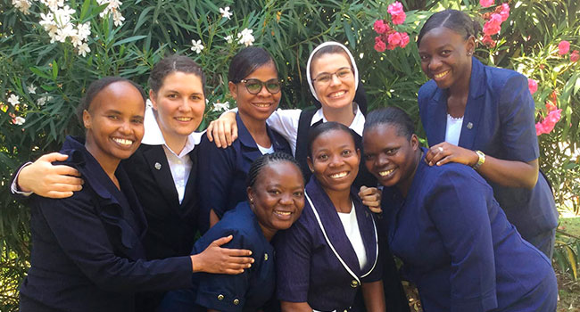 Eight of the nine new SSND who made their first profession in Rome, July 2020. 