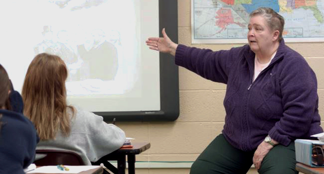 Sister Kathleen Brice, a 50-year Jubilarian, shares a reflection on her years as an educator and historian. This photo is of S. Kathleen teaching history at Notre Dame High School in St. Louis. 
