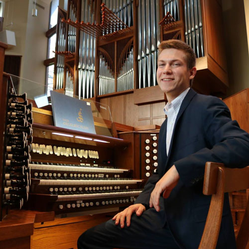 Featured in the picture: 21-year-old organist Ryan Mueller will be featured in concert on Sunday, March 18, 2018 at 2:00 pm, at Our Lady of Good Counsel Chapel. The Event title is: Organ Compositions from the 19th Century Masters