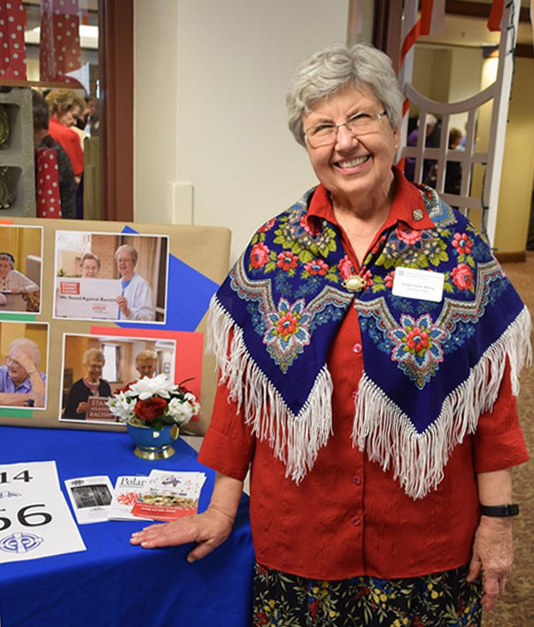 Sister Jane Mary Lorbiecki wears a Polish scarf during a Polish Celebration held at Notre Dame of Elm Grove, Elm Grove, Wisconsin, Saturday, May 4, 2019.