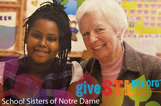 Sister Luanne Boland and a student from a Catholic school in St. Louis. The image contains the Give STL Day logo, School Sisters of Notre Dame and boardered by Jubilee 2021 logo image. 
