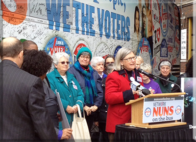 Sister Simone Campbell, SSS, executive director of NETWORK, speaks at the Get Out the Vote Rally held in Milwaukee on Nov. 3.