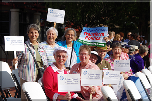 Sister Judith Best, SSND, participated in the Nuns on the Bus send off from Kiener Plaza in St. Louis, Sept. 10, 2015. She joined them for the first eight days.