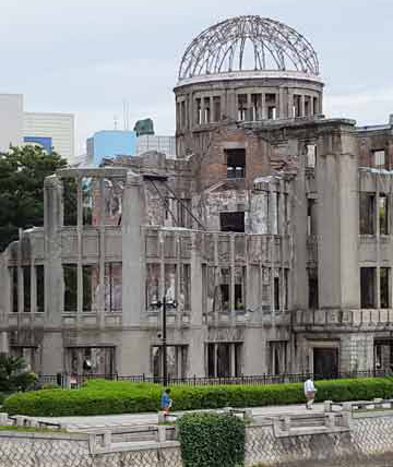 The A-Bomb Dome. At 8:15 a.m. on August 6, 1945, an atomic bomb dropped on Hiroshima by the United States Army Air Forces exploded 600 meters above the ground about 160 meters southeast of the elliptical dome.