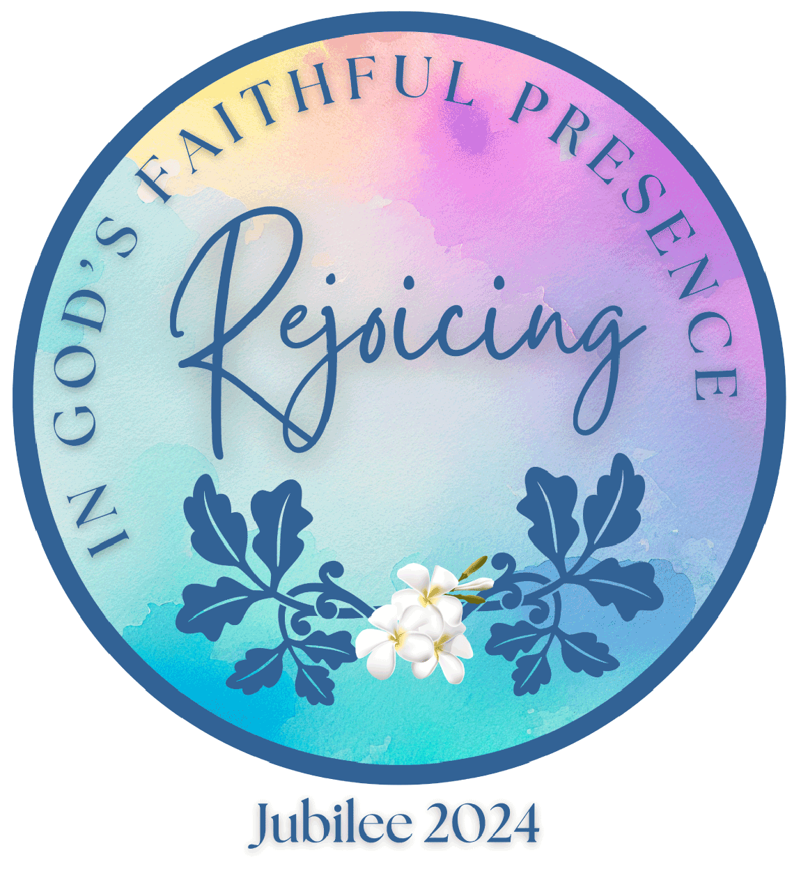 Jubilee 2024 design: Colorful circle image stating, "Rejoicing in God's faithful presence"