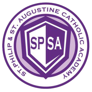 Logo of a purple crest with the letters SPSA, all encircled with the words St. Phillip & St. Augustine Catholic Academy