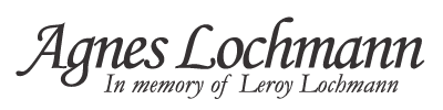 Black and white logo with the words "Agnes Lochmann In memory of Leroy Lochmann"