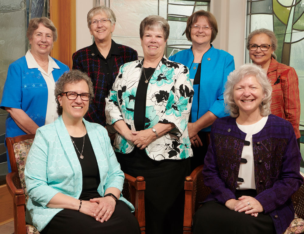 2019-2023 Central Pacific Province provincial council.  First row (1-r): Debra Marie Sciano (Provincial Leader) and Sisters Anna Marie Reha (Vicar)  Back row (l-r): Sisters Lynne Schmidt, Helen Jane Jaeb, Dawn Achs, Mary Kay Brooks and Christine Garcia