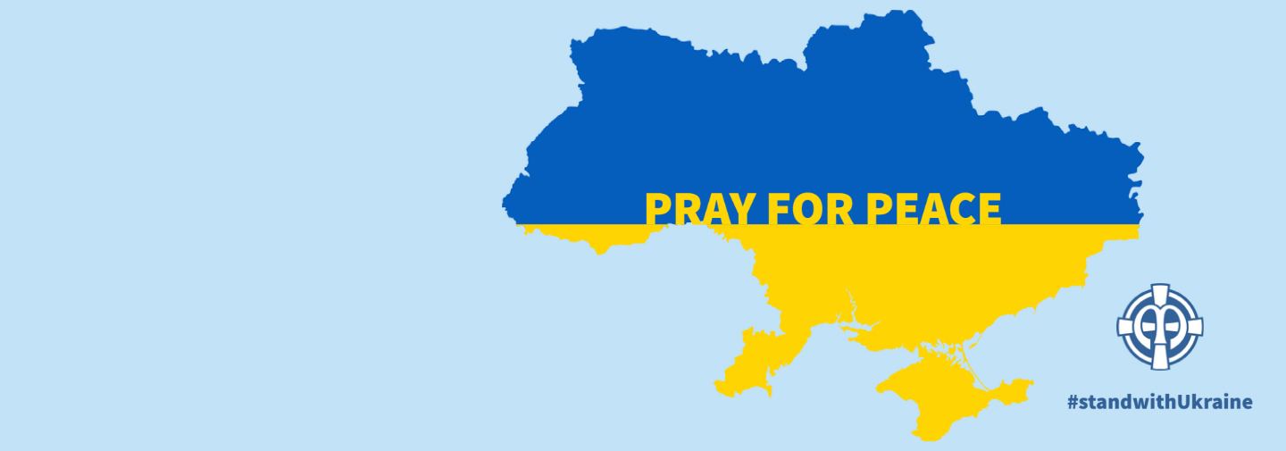 The School Sisters of Notre Dame pray for Ukraine. This image was created in solidarity, which features the shape of the country of Ukraine with the words Pray for Peace. 