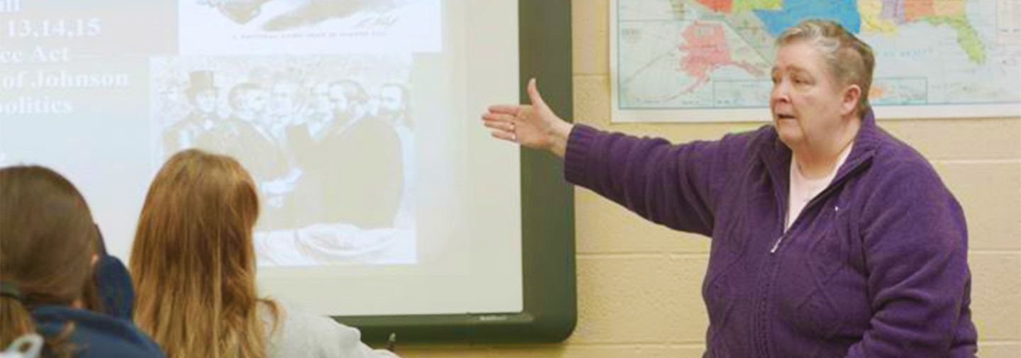 Image of Sister Kathleen Brice in the classroom. Read story, "Sister, historiand and educator"