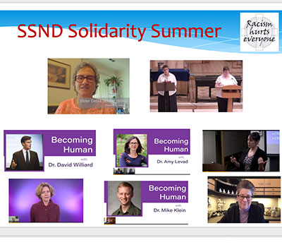 The first slide of the powerpoint used during Summer of Solidarity. The slide contains photos of all the speakers. 