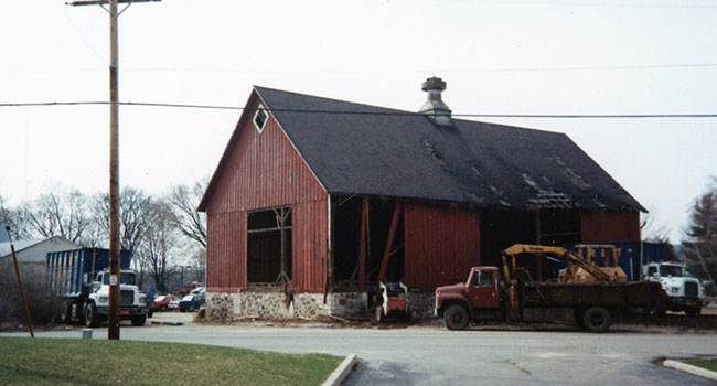 The barn located at Notre Dame of Elm Grove, Elm Grove, Wisconsin, was demolished in 1970.